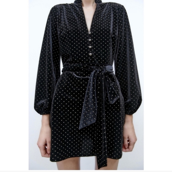 Zara Dresses & Skirts - Zara Womens Long Sleeve Beaded Velvet Belted Golden Studded Mini Dress. Sz Small